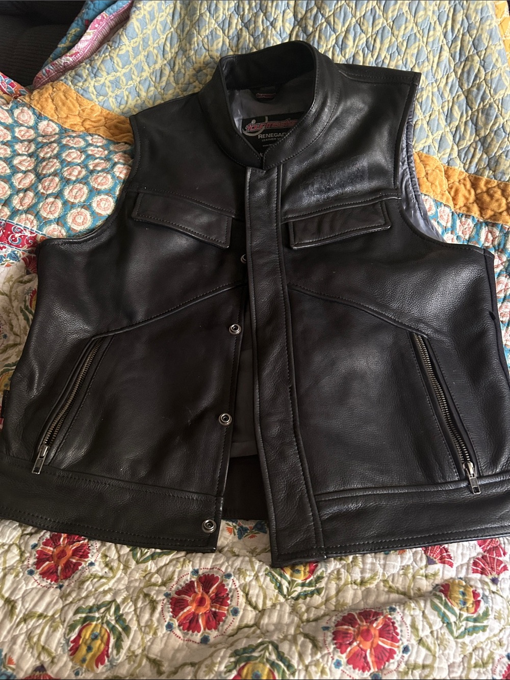 Renegade Black Leather Motorcycle Vest with Zip Pockets